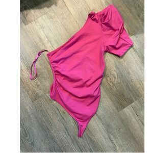 Intimately Free People Pink One Shoulder Ruched Puff Sleeve Bodysuit Small